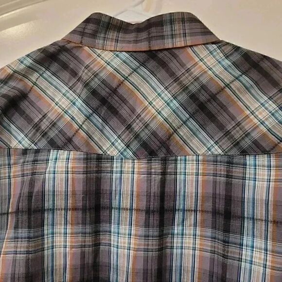 COASTAL MEN'S Black/Gray/White/Turquoise/Tan Plaid Cotton Blend Snap Front Shirt - Picture 9 of 11